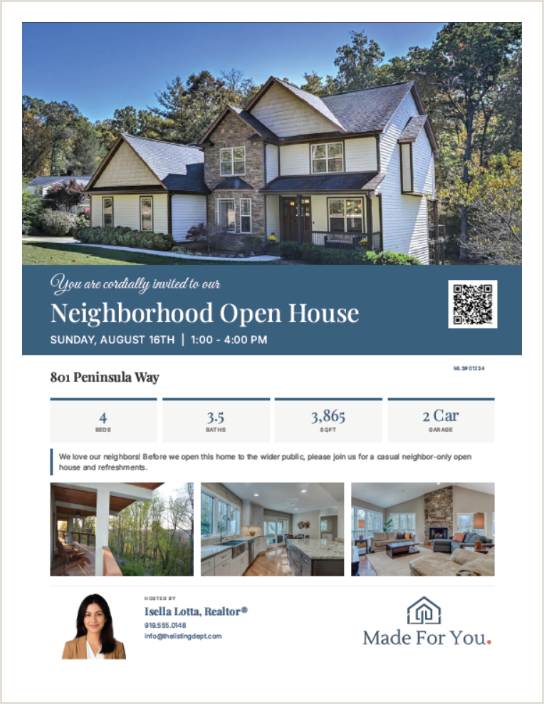 Open house flyer for a real estate listing, branded to the agent and ready to print