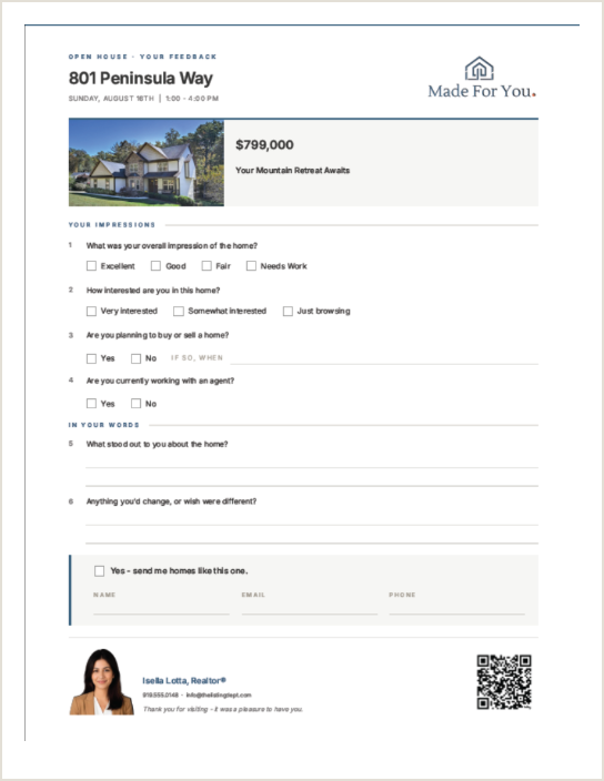 Open house guest and broker questionnaires for a real estate listing, branded to the agent and ready to print