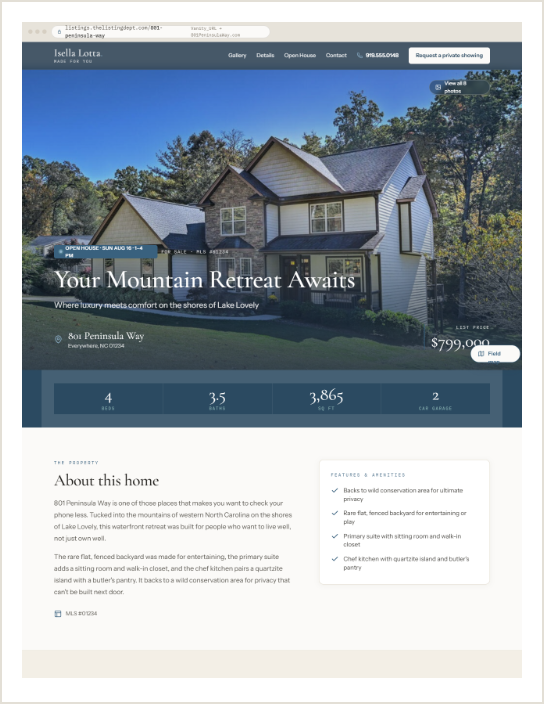 Listing webpage preview, a single branded web page for a real estate listing