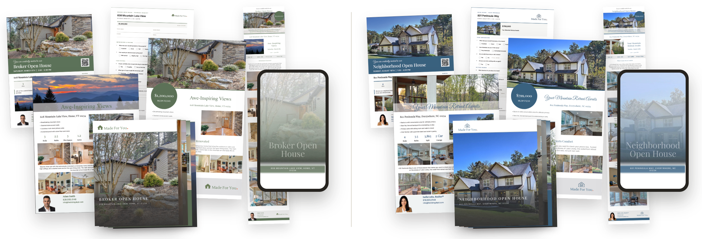 Two complete listing marketing sets side by side in two different agent brands, showing a whole roster kept on brand from one shared plan