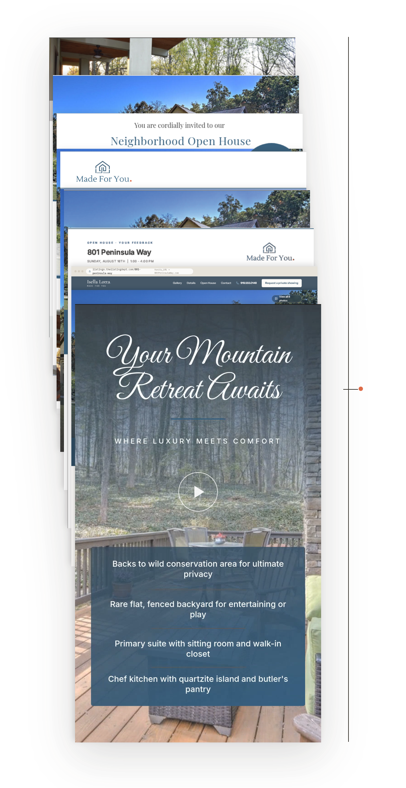 Everything included with a single listing, stacked together: email flyer, print flyer, text flyer, social carousel, listing reel, open house flyer, questionnaires, and the listing webpage