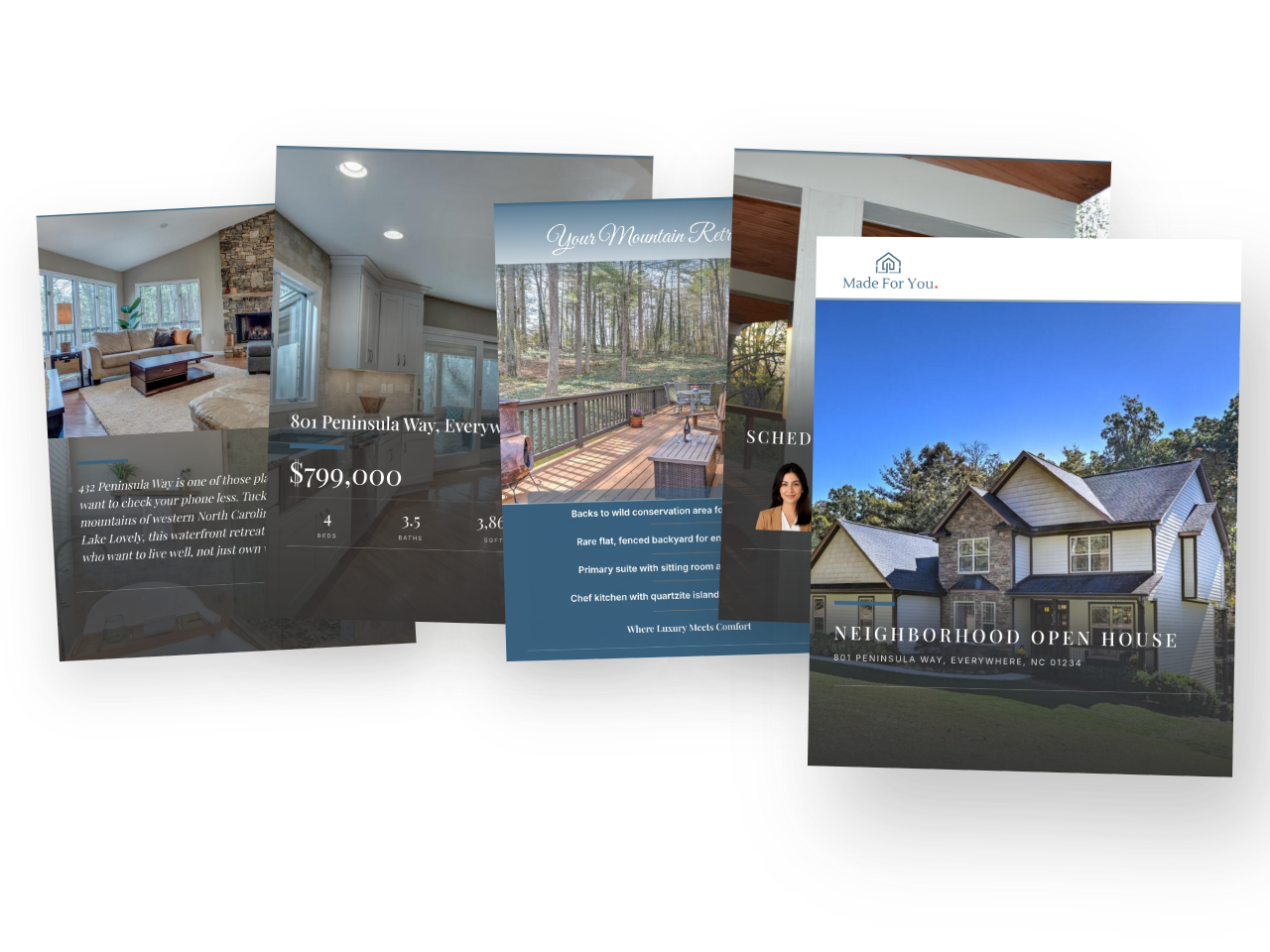Social carousel for a real estate listing, fanned out with every slide matched to the agent's brand