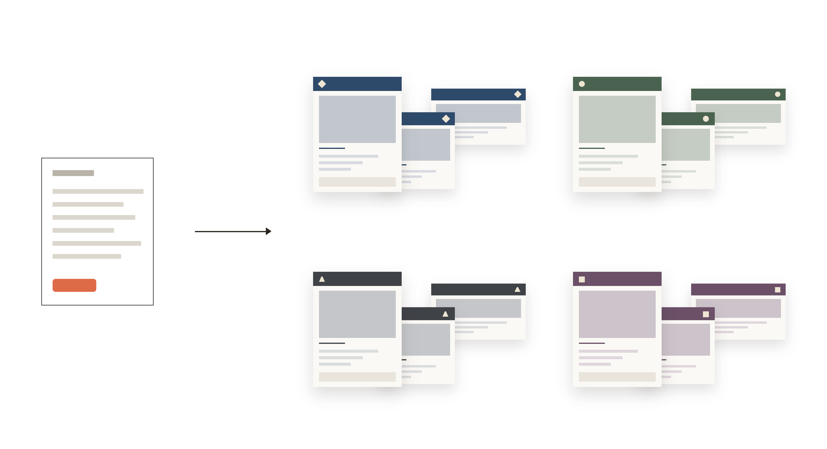 One short listing form on the left, and on the right four complete marketing sets produced from it, each in a different agent's brand