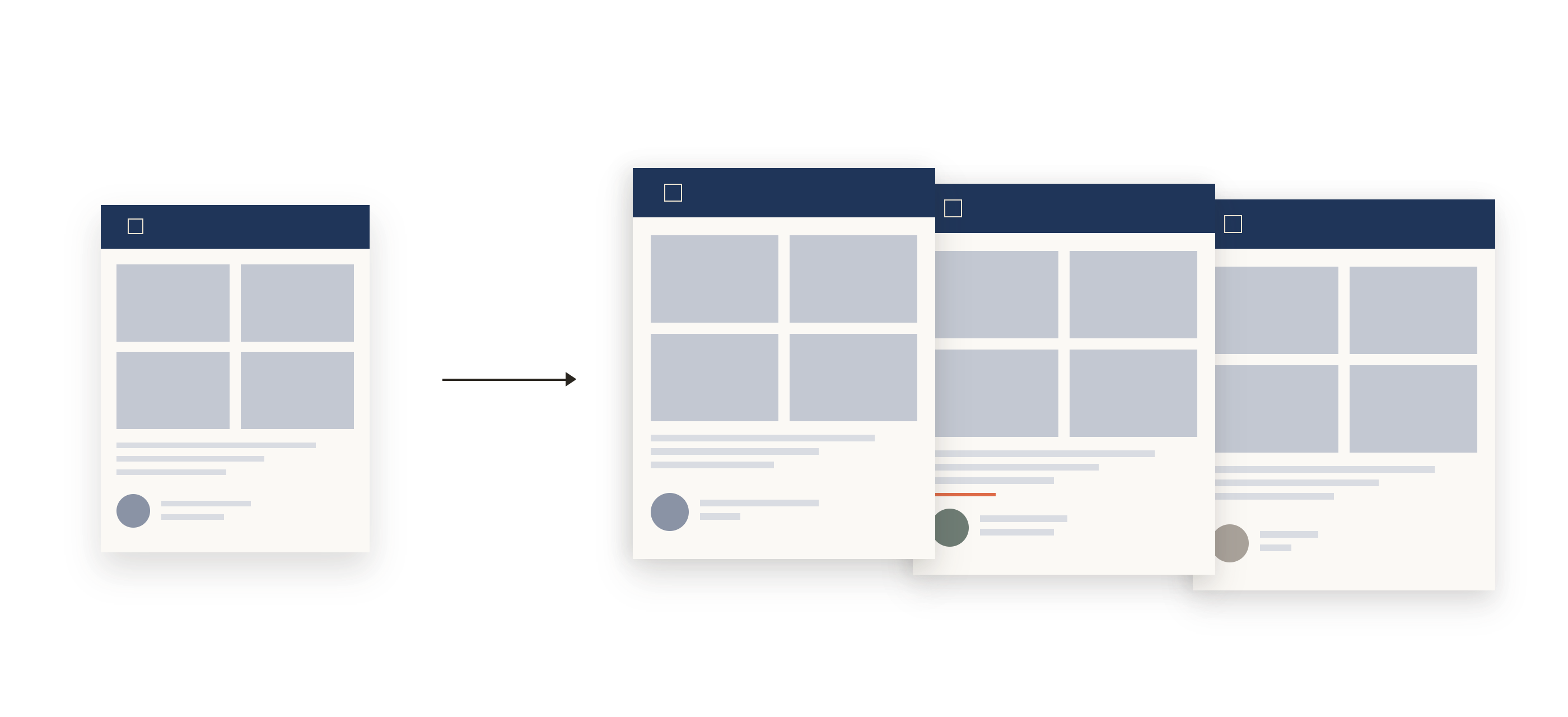 A firm's own flyer design on the left, and the same firm design on three agents' flyers on the right, where only each agent's contact details change