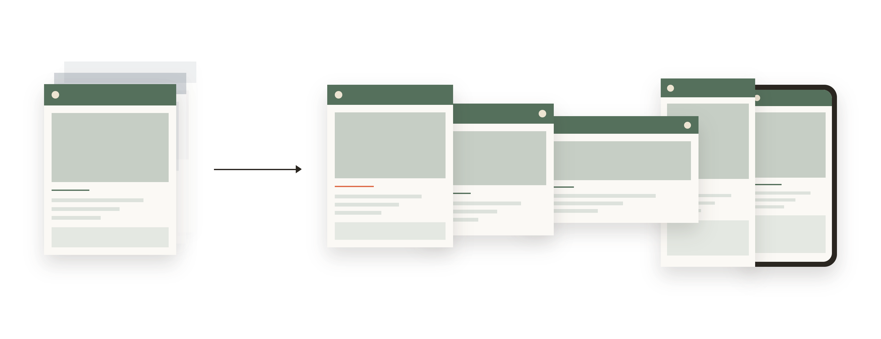 One client's own flyer design on the left with further client designs queued faintly behind it, and that same design applied across five marketing formats on the right