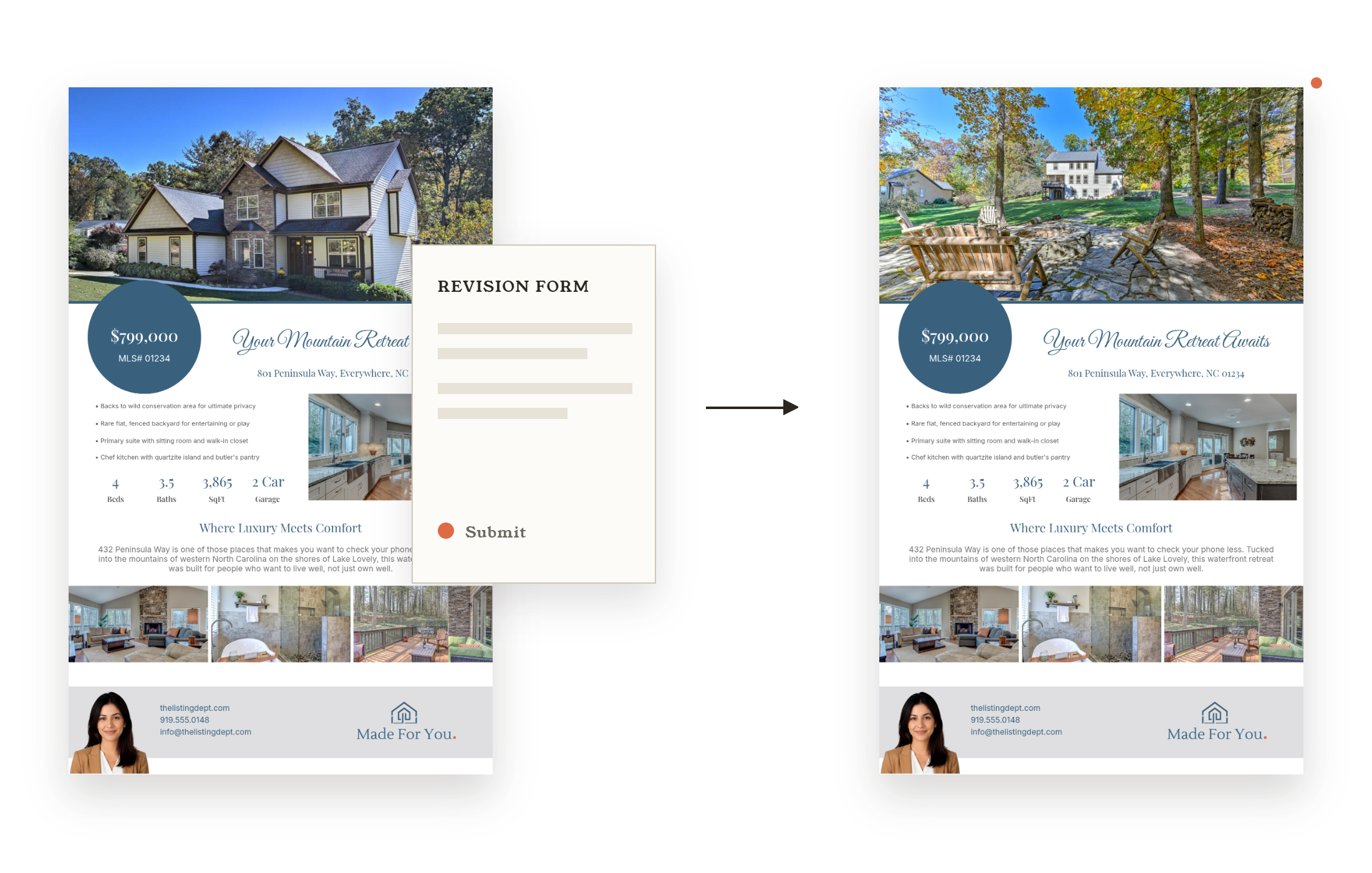 The same listing flyer shown twice, identical apart from a swapped photograph, with a revision link beneath it. Every version is kept.