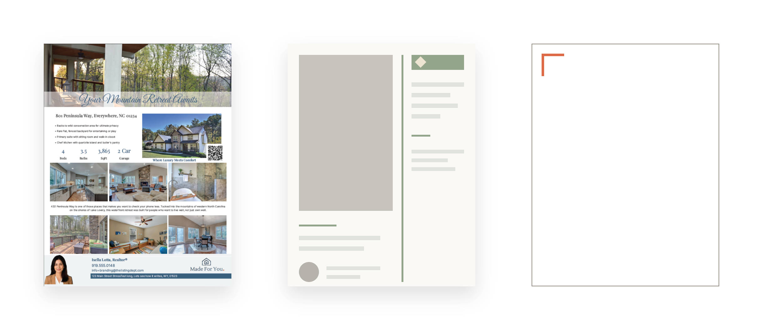 The same listing shown in two template styles side by side, with a third empty frame for an agent's own design
