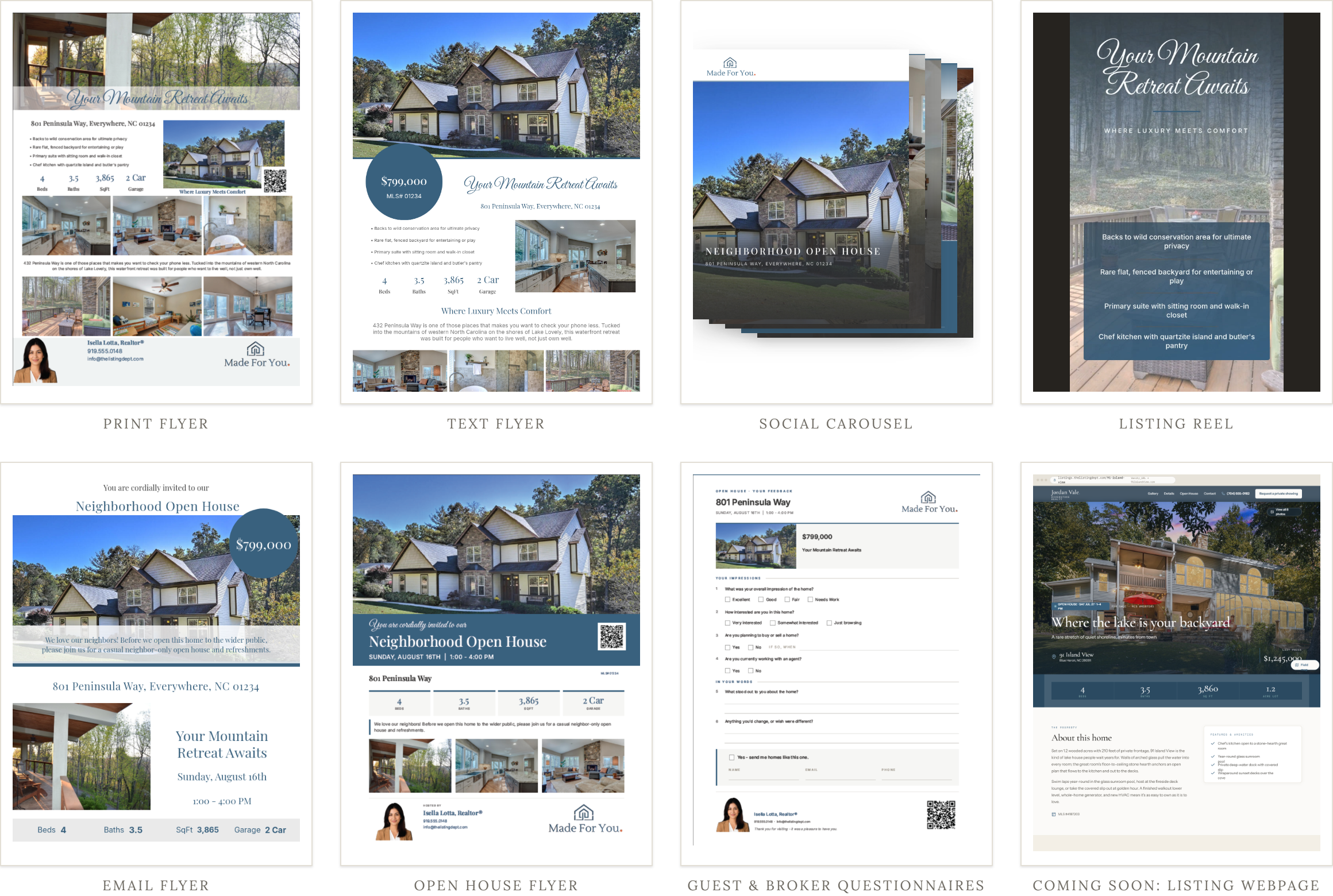 Everything included with each listing: email flyer, print flyer, text flyer, social carousel, listing reel, open house flyer, guest and broker questionnaires, and the listing webpage