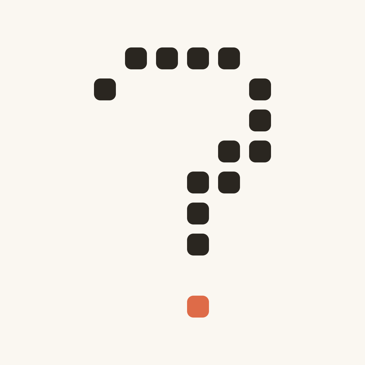 A question mark drawn as a grid of small rounded squares, with a terracotta square as its base dot