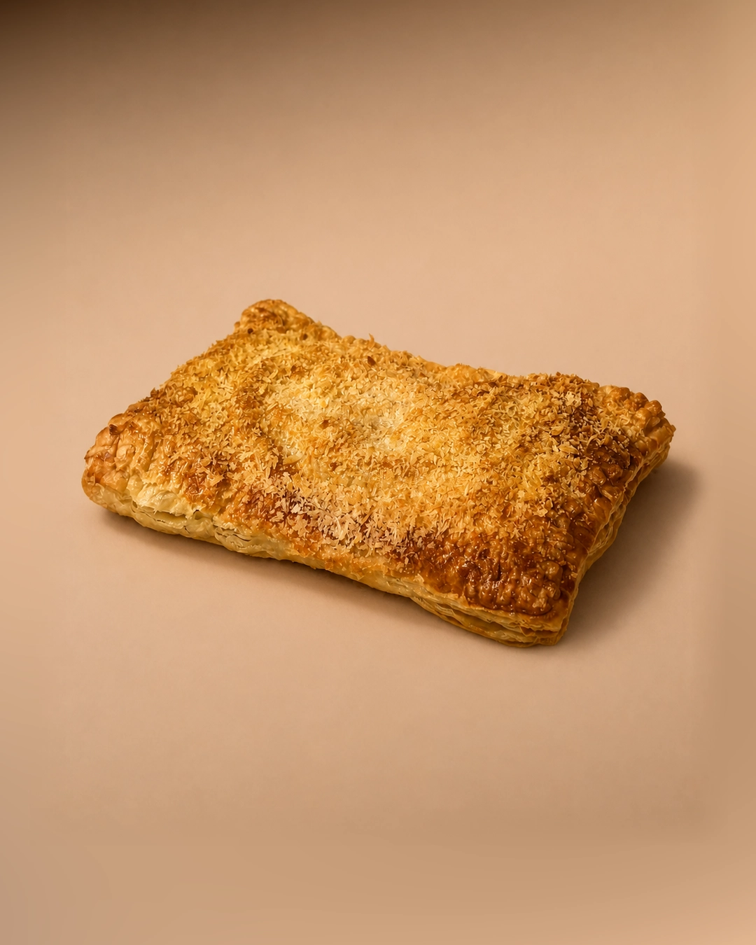 Chicken croquette puff pastry, a sealed rectangular parcel with a crimped border, its top covered edge to edge in a pale panko crumb blanket.