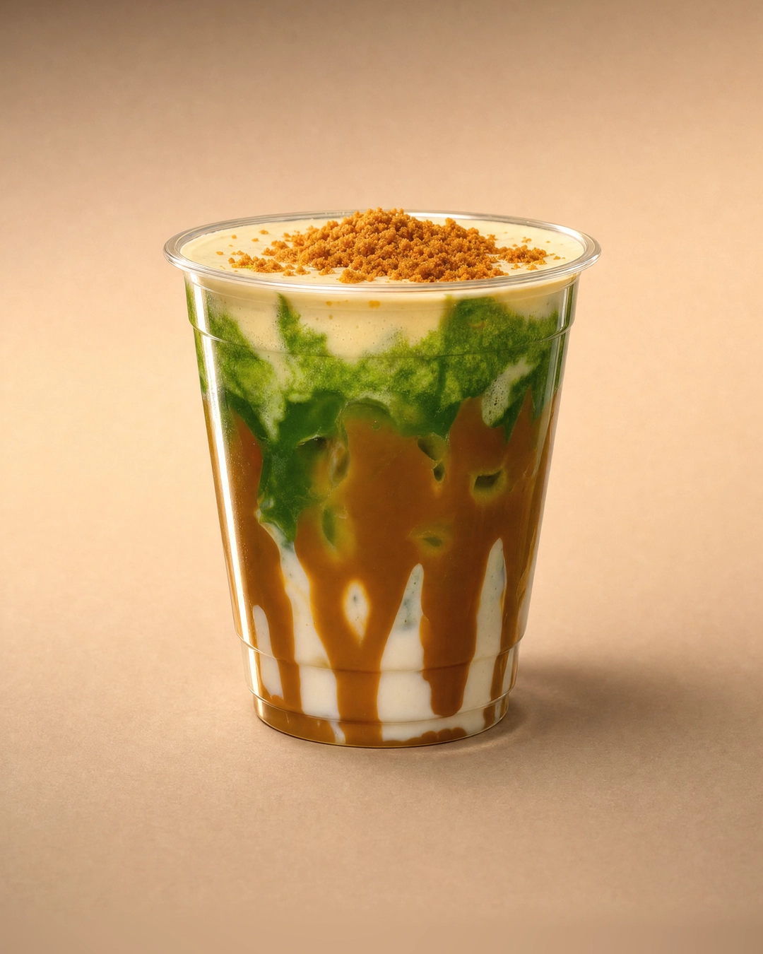 Banana and Biscoff matcha, amber Biscoff drips running down the inside of the cup over a white base, a green matcha band above, and Biscoff crumb on the foam.