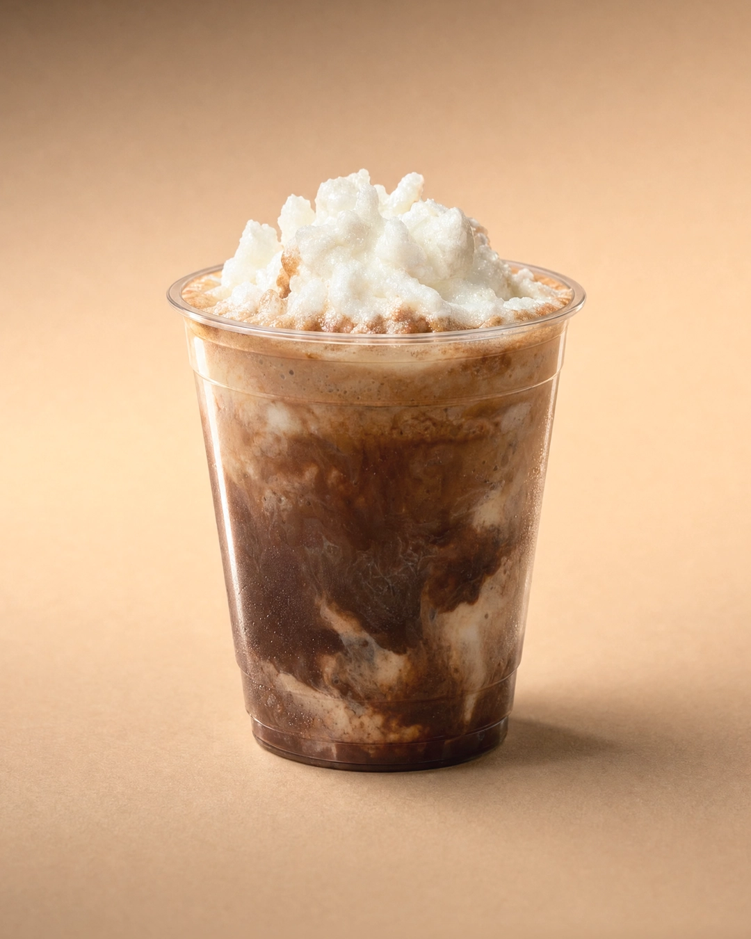 Choconut, chocolate swirled with white coconut cream all the way down the clear cup, under a rough white mound of crushed ice piled high above the rim.