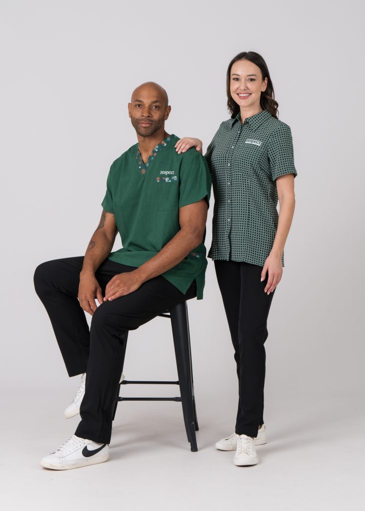 respect aged care uniform ft. mens custom patterned scrubs and womans checkered collared shirt