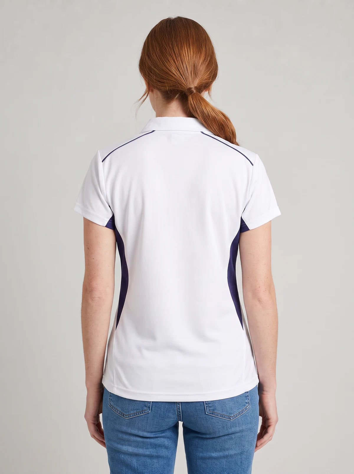 Freshen Polo - Ladies in White/Navy – back view