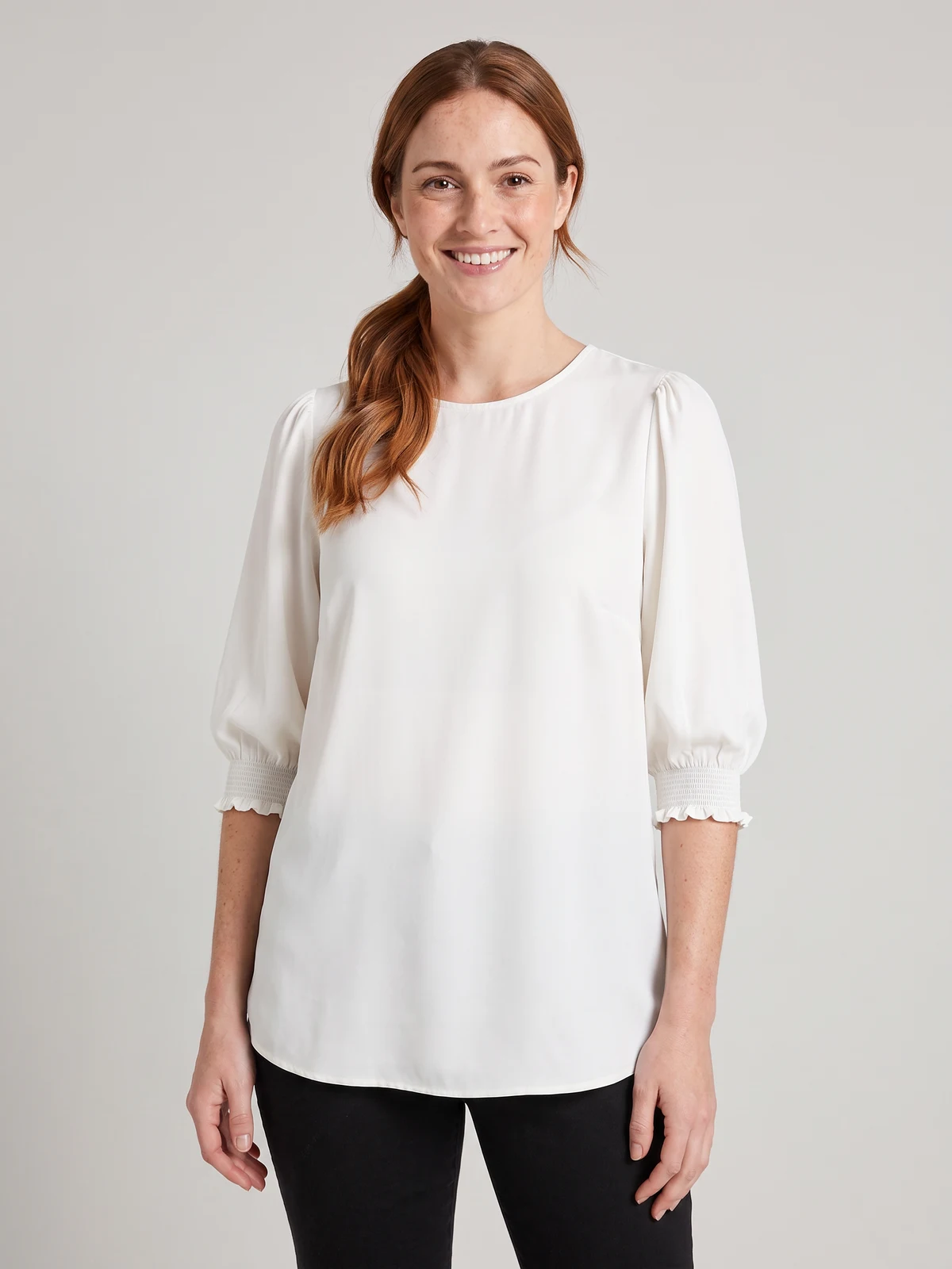 Lola 3/4 Sleeve Shirred Cuff Top in Ivory – close-up detail