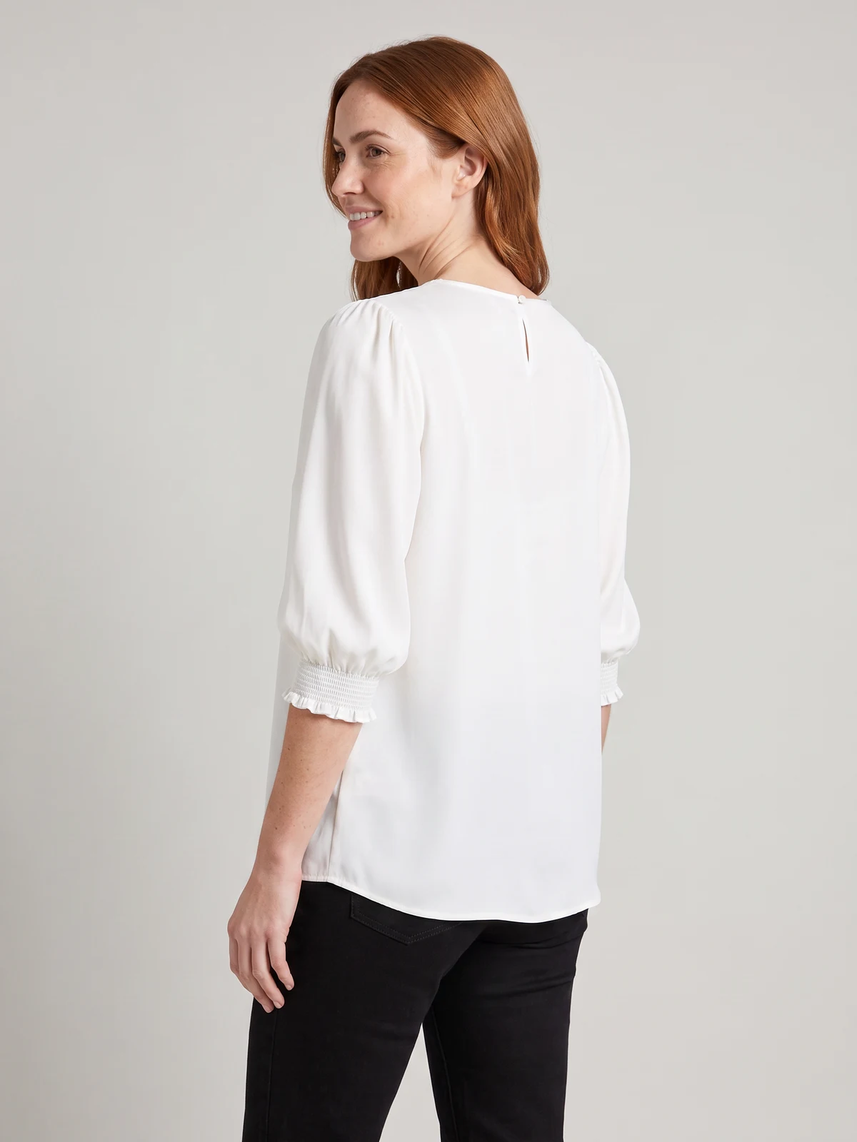 Lola 3/4 Sleeve Shirred Cuff Top in Ivory – side view