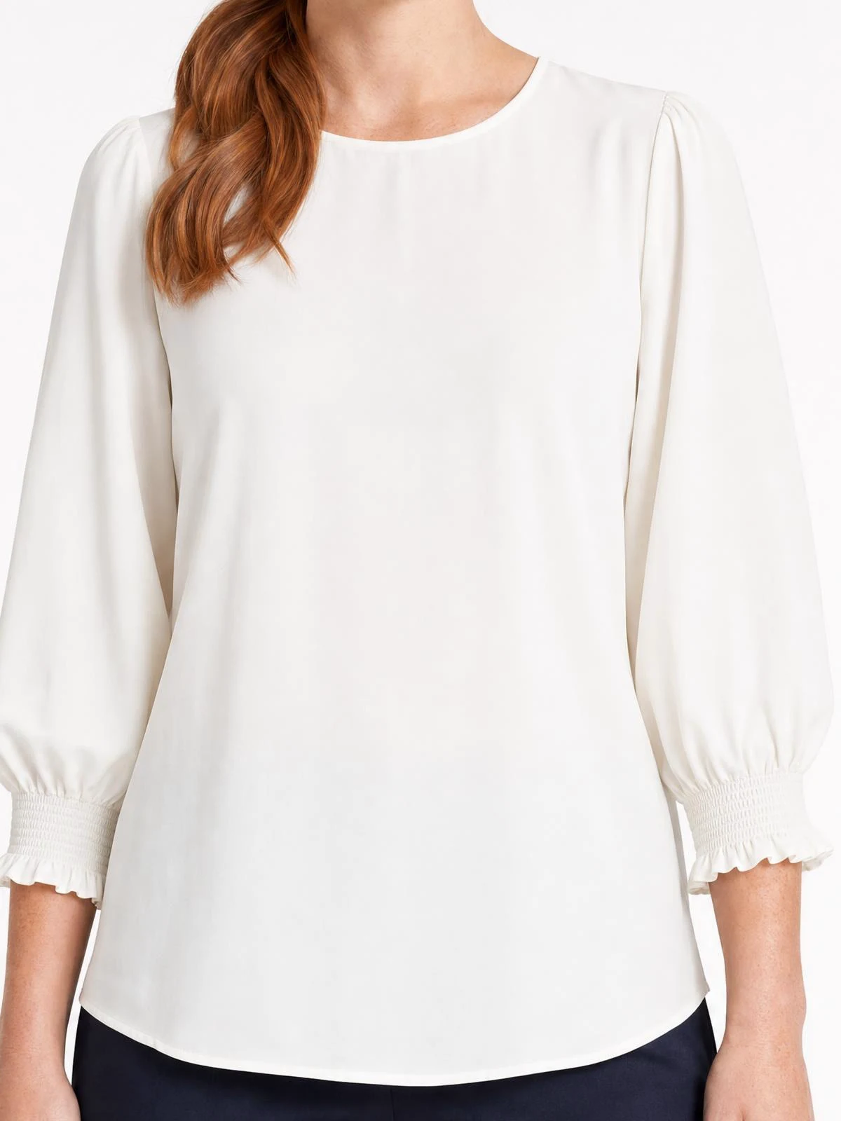 Lola 3/4 Sleeve Shirred Cuff Top in Ivory – close-up detail