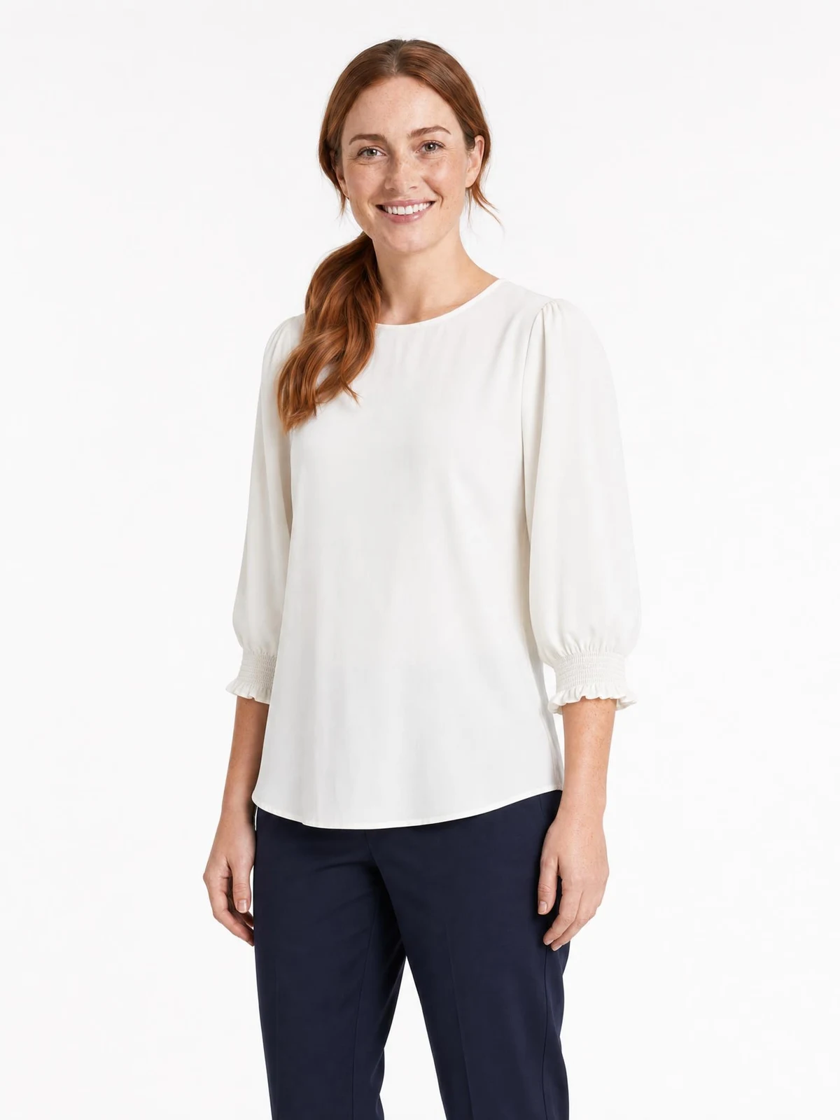 Lola 3/4 Sleeve Shirred Cuff Top in Ivory – side view