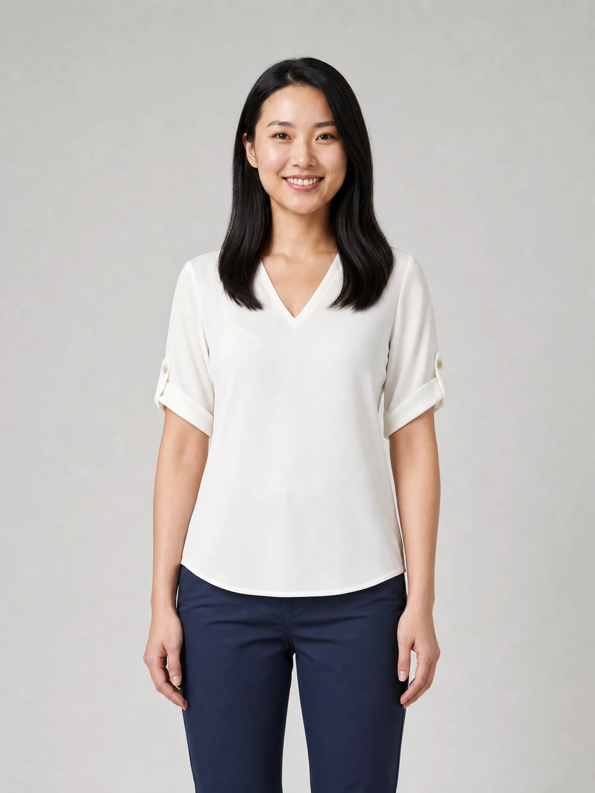 Ladies Reese V Neck Top in Ivory – front view
