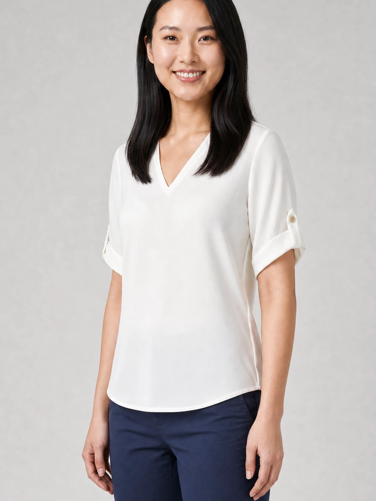 Ladies Reese V Neck Top in Ivory – side view