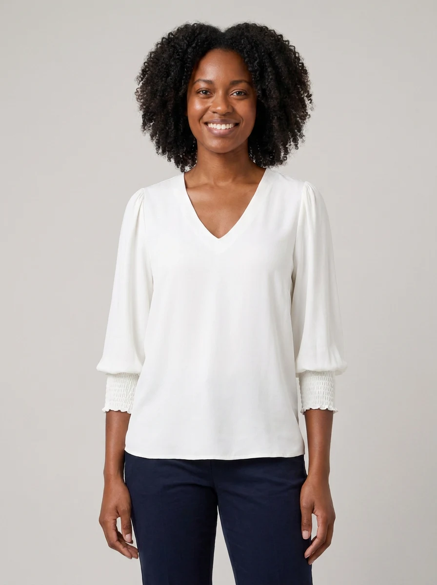 Cleo V Neck Shirred Cuff Top in Ivory – front view