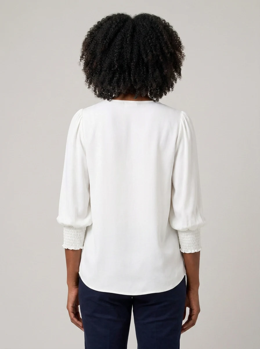 Cleo V Neck Shirred Cuff Top in Ivory – back view