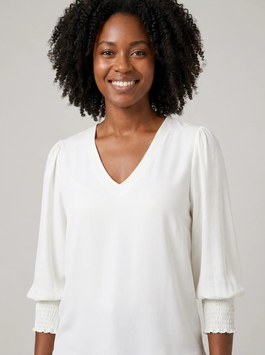 Cleo V Neck Shirred Cuff Top in Ivory – close-up detail