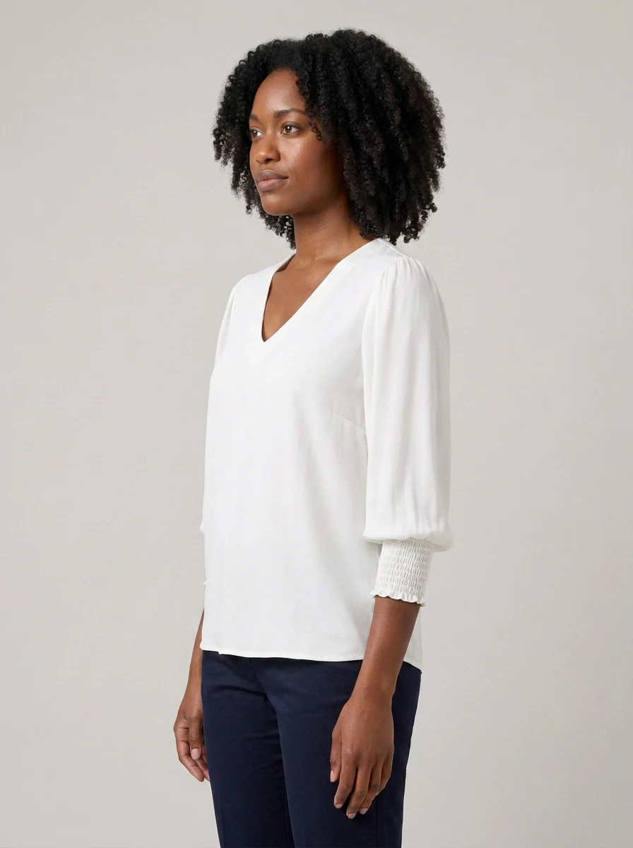 Cleo V Neck Shirred Cuff Top in Ivory – side view