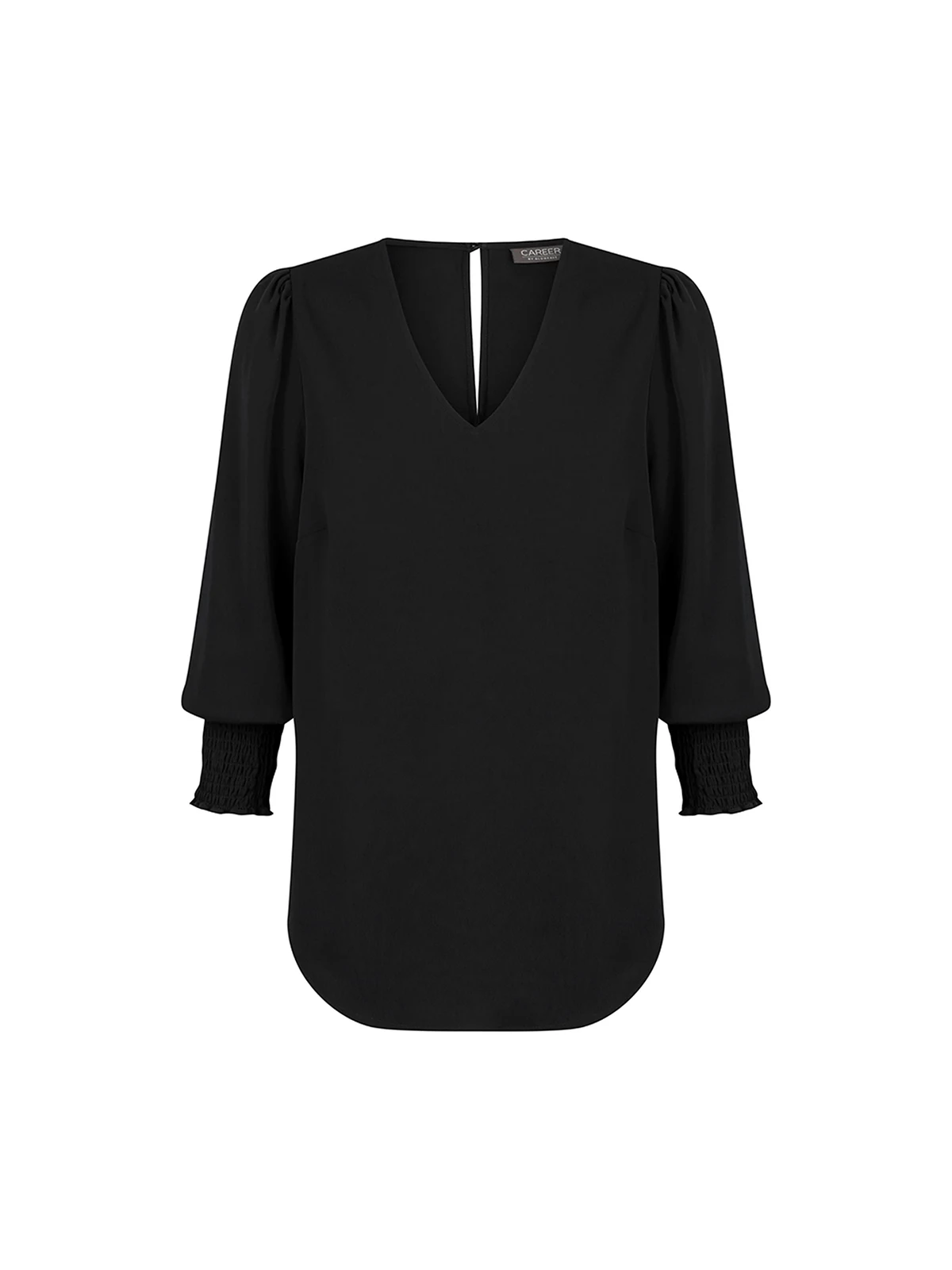 Cleo V Neck Shirred Cuff Top in Black – front view