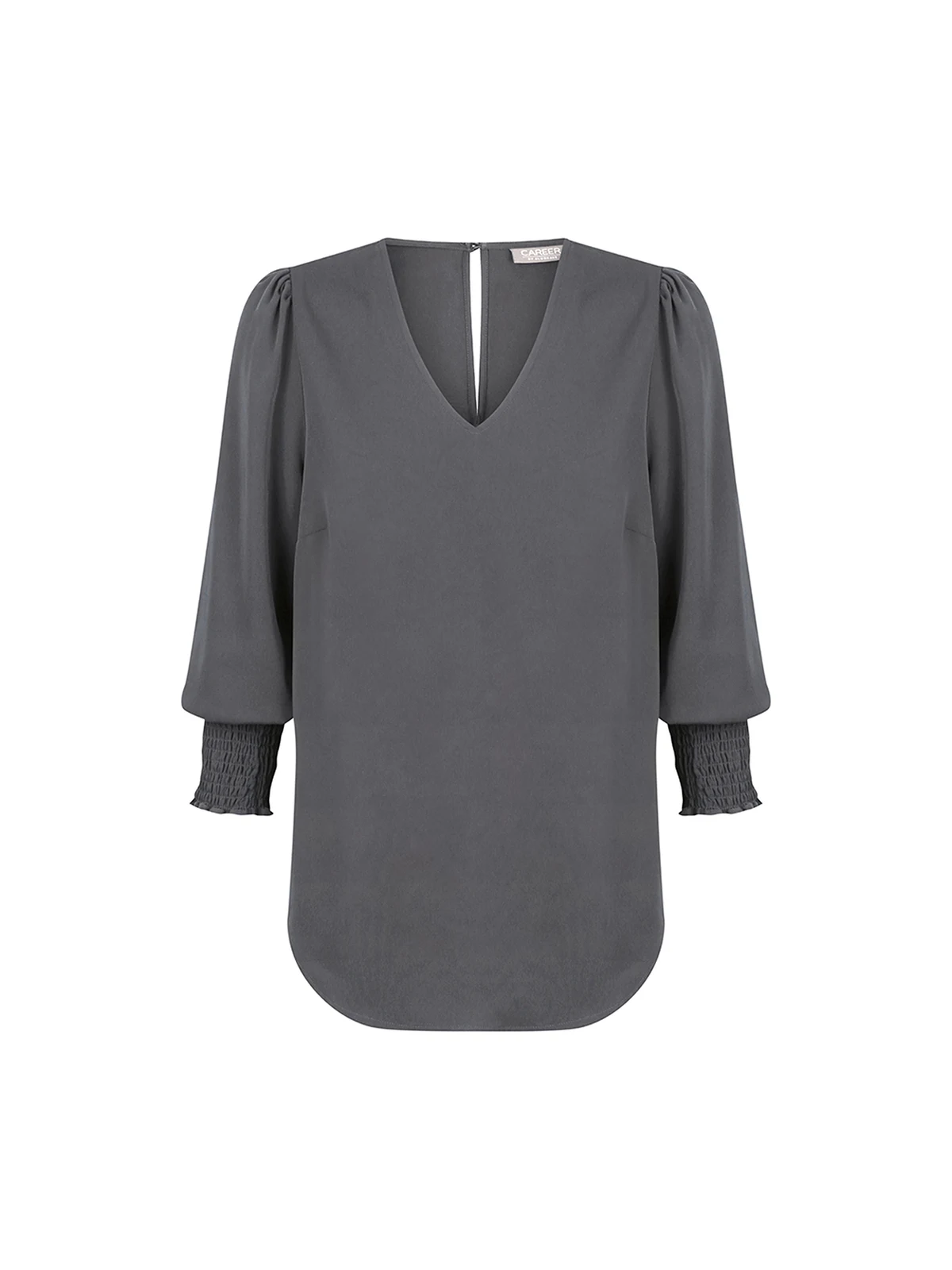 Cleo V Neck Shirred Cuff Top in Charcoal – front view