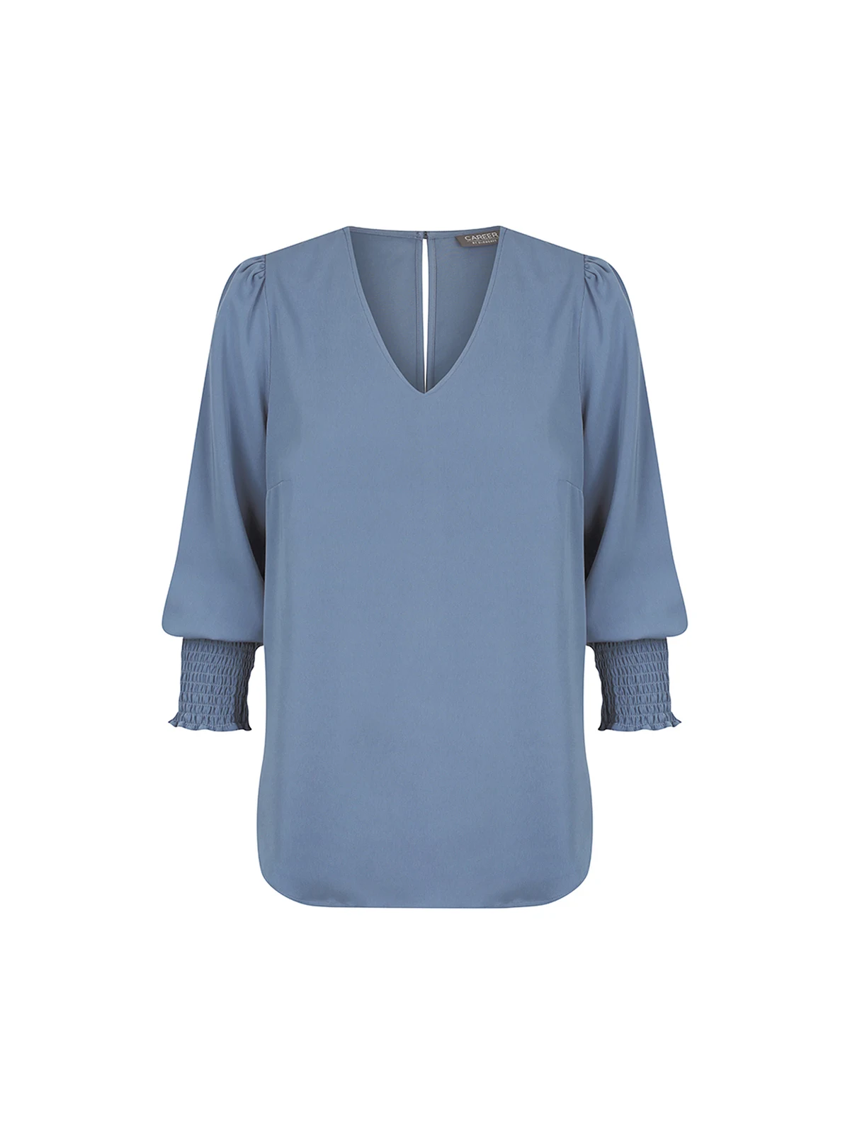 Cleo V Neck Shirred Cuff Top in Denim – front view
