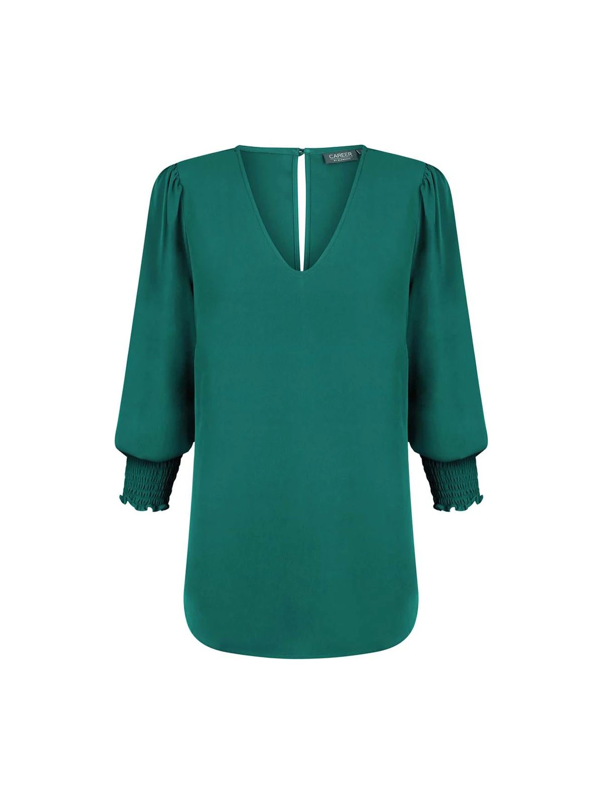 Cleo V Neck Shirred Cuff Top in Emerald – front view