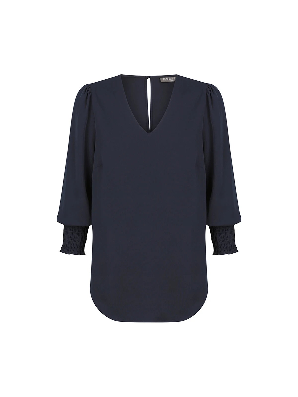 Cleo V Neck Shirred Cuff Top in Navy – front view