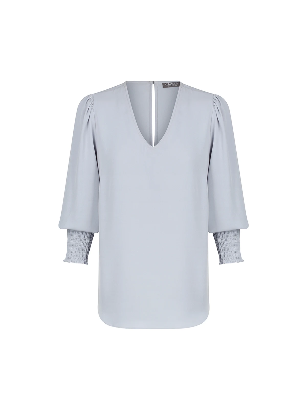 Cleo V Neck Shirred Cuff Top in Silver – front view