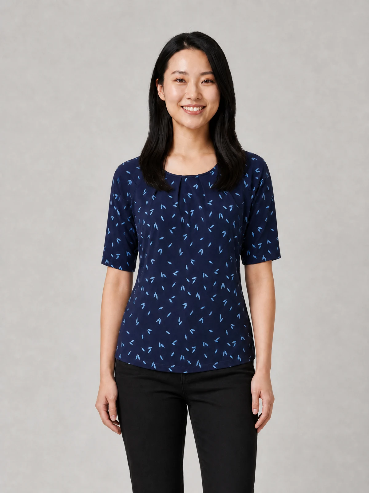 Petal Print Top in Navy/White – front view
