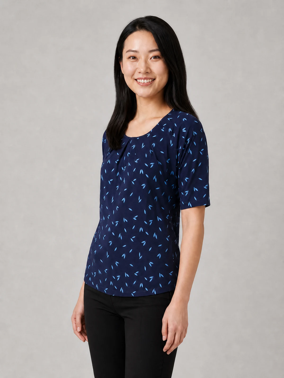 Petal Print Top in Navy/White – side view