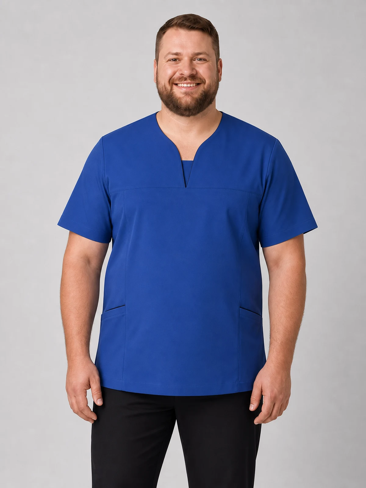4 Way Stretch Tunic in Blue with Navy Trim – front view