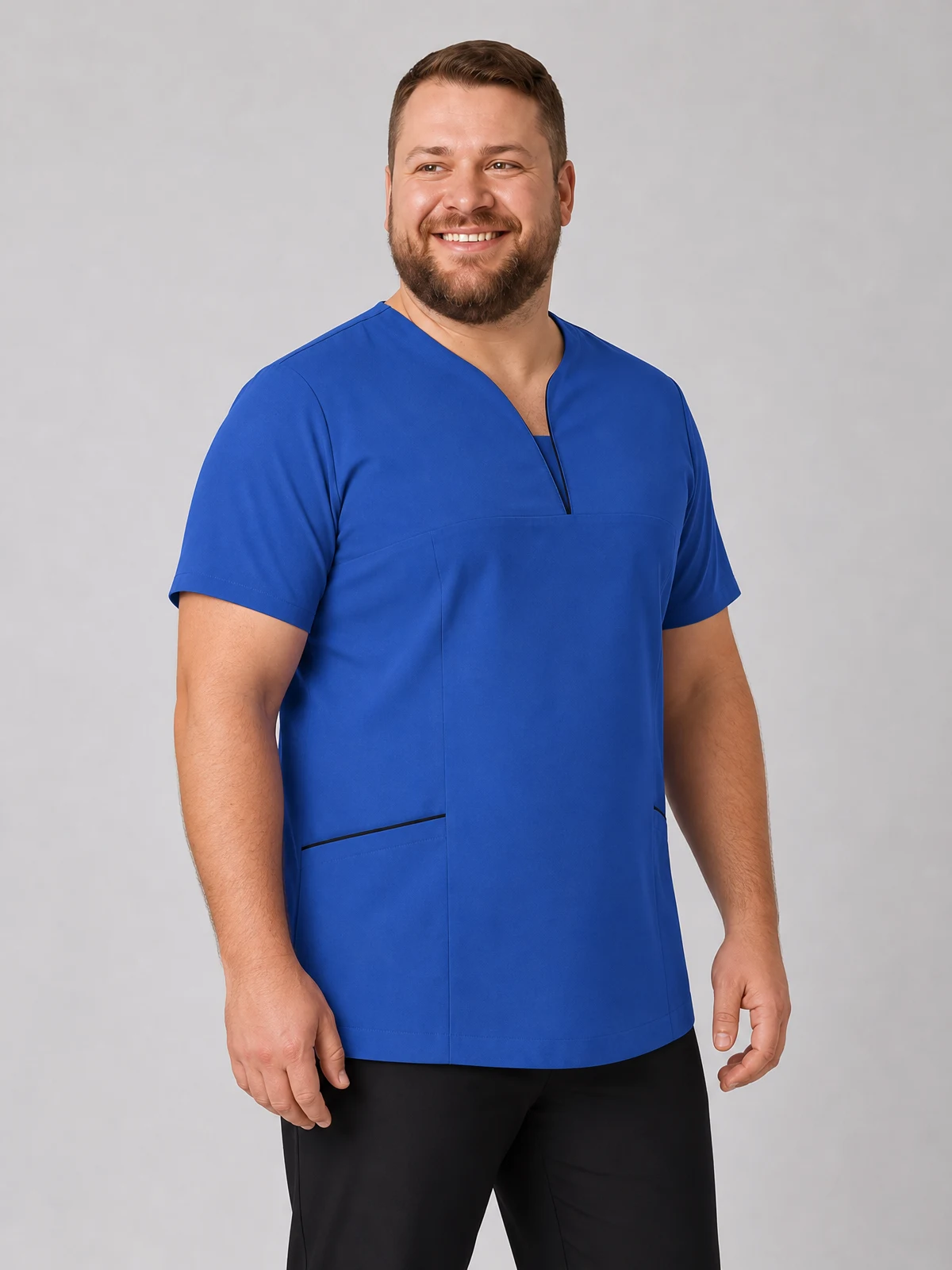 4 Way Stretch Tunic in Blue with Navy Trim – side view