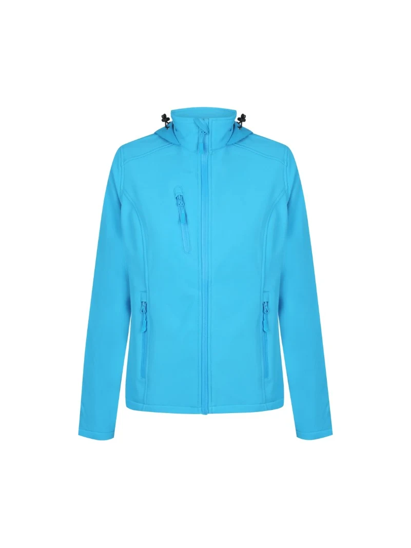 Ladies Olympus Soft Shell Jacket in Cyan – front view