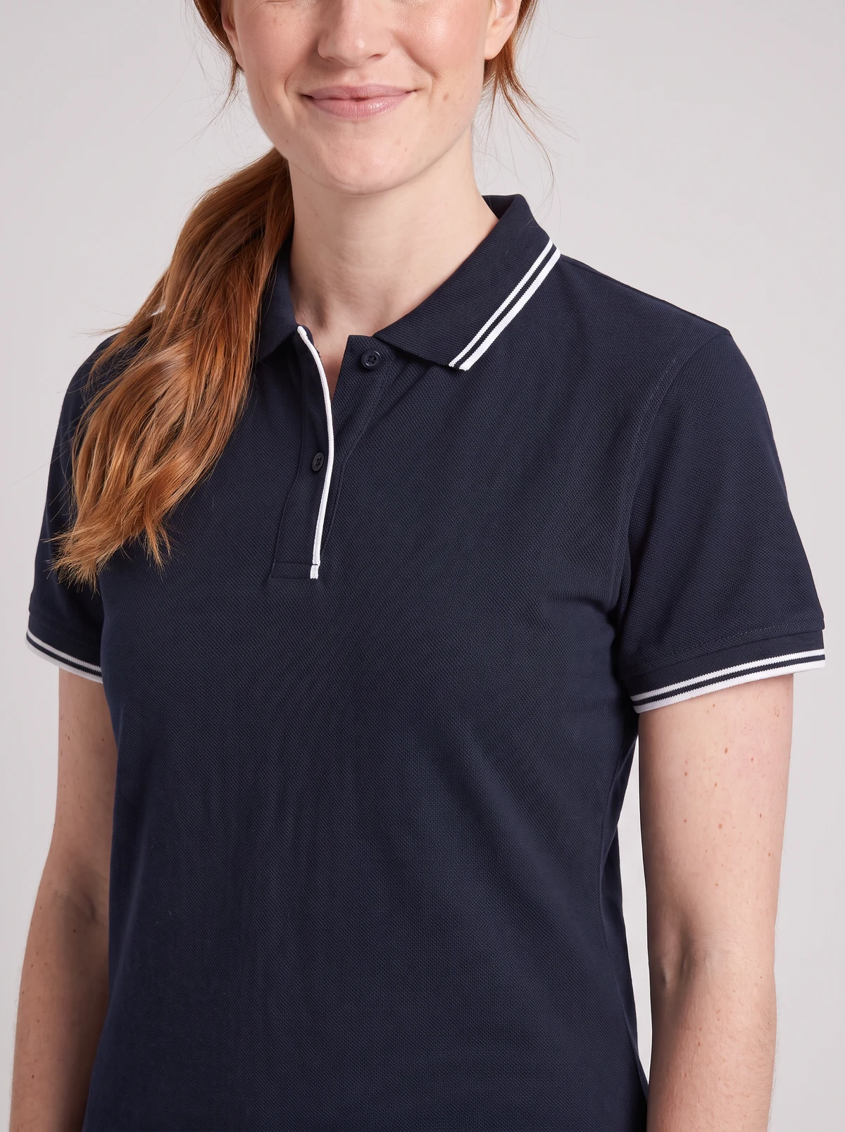 Ladies Contrast Polo in Navy/White – close-up detail