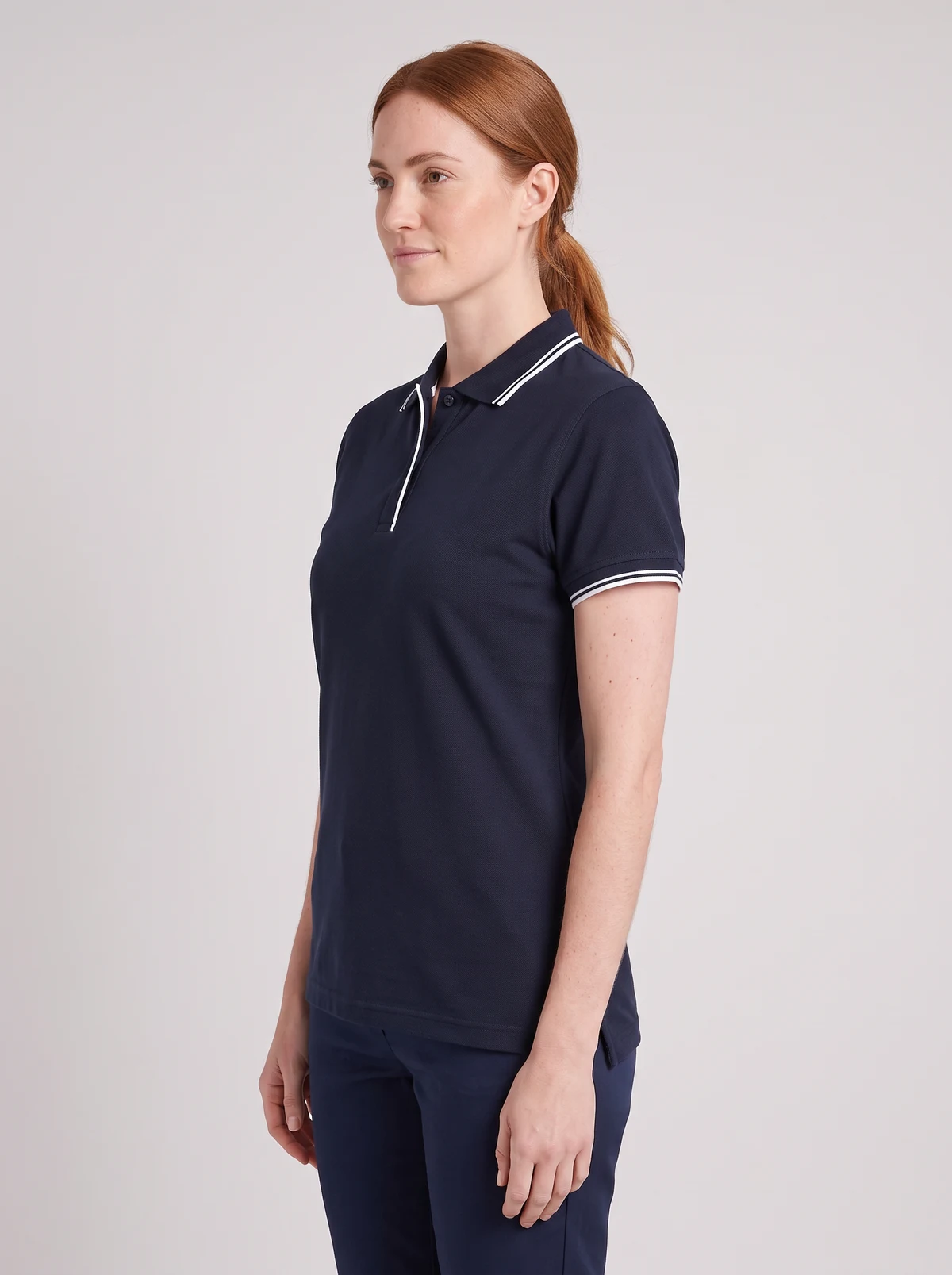 Ladies Contrast Polo in Navy/White – side view