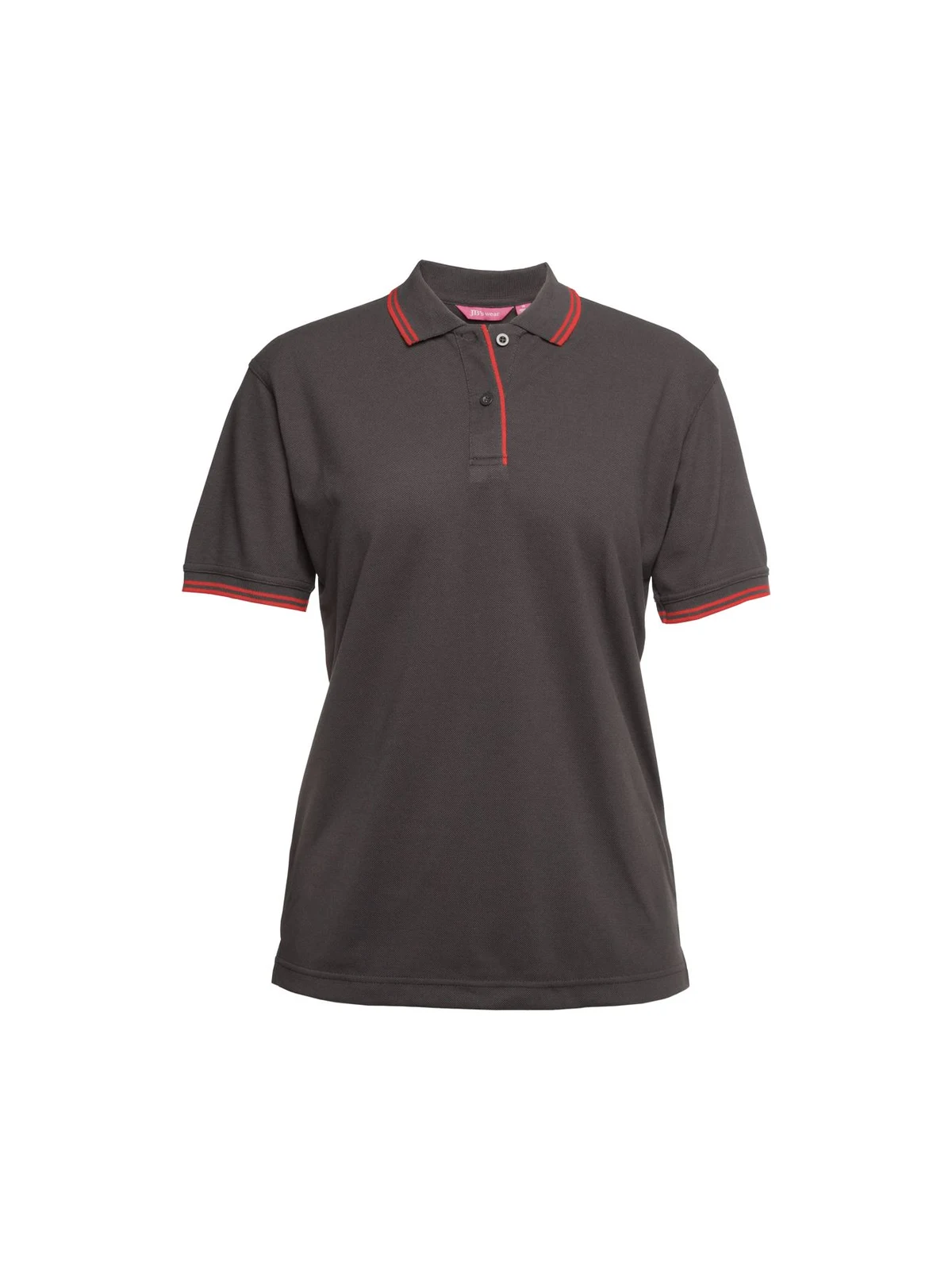 Ladies Contrast Polo in Gunmetal/Red – front view
