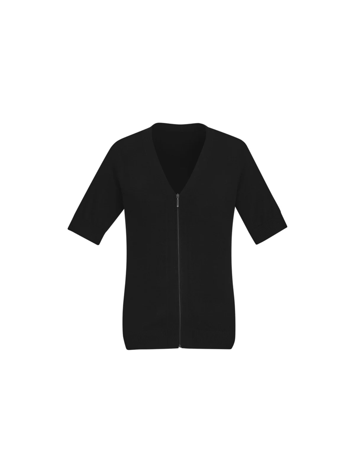 Women's Zip Front Short Sleeve Knit Cardigan in Black – front view