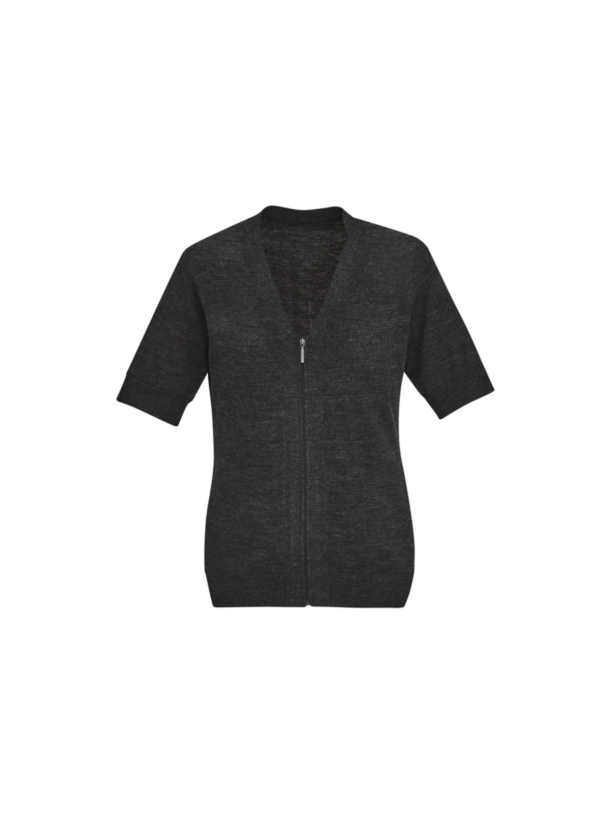 Women's Zip Front Short Sleeve Knit Cardigan in Charcoal – front view