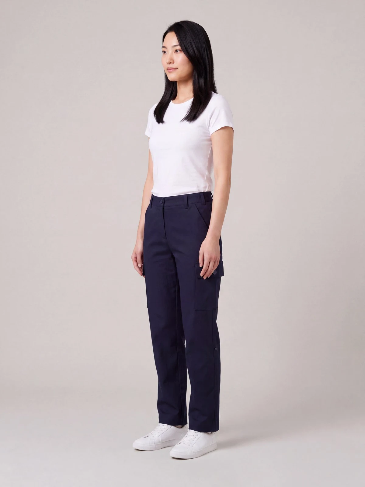 Women's Comfort Waist Cargo Pant in Navy – side view