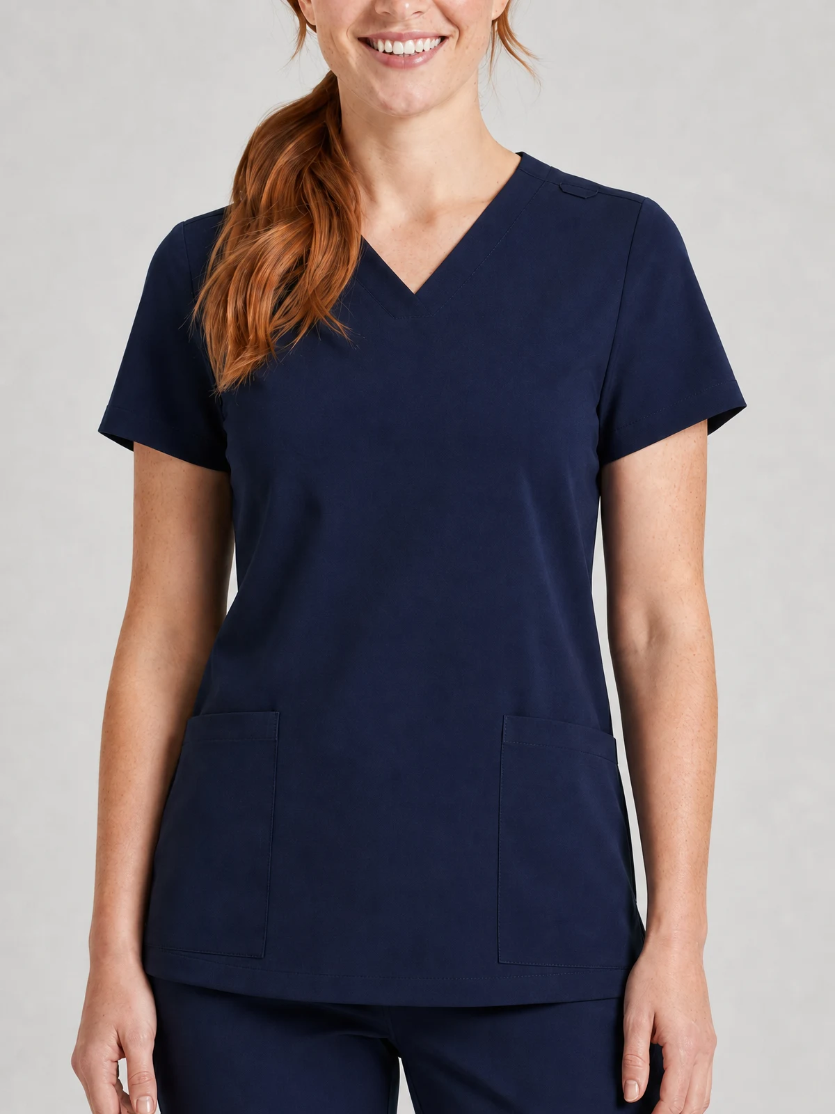 Women's Pulse V-Neck Scrub Top in Midnight Navy – close-up detail