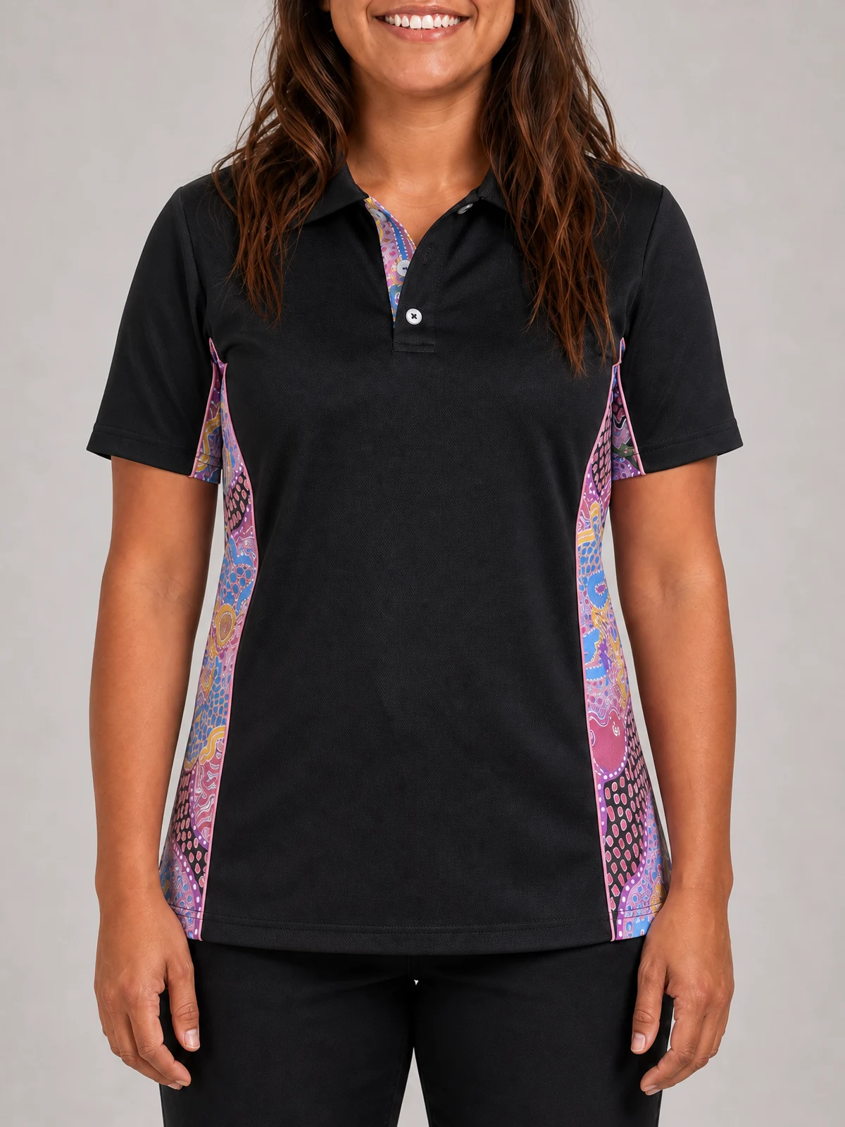 Unisex - Guiding Light Black Bamboo (Simpson) Polo Shirt in Multi Coloured – close-up detail