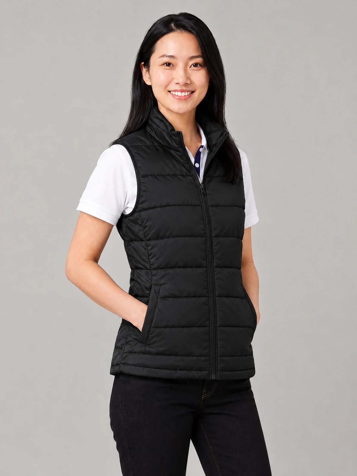 Alpine Ladies Puffer Vest in Black – side view