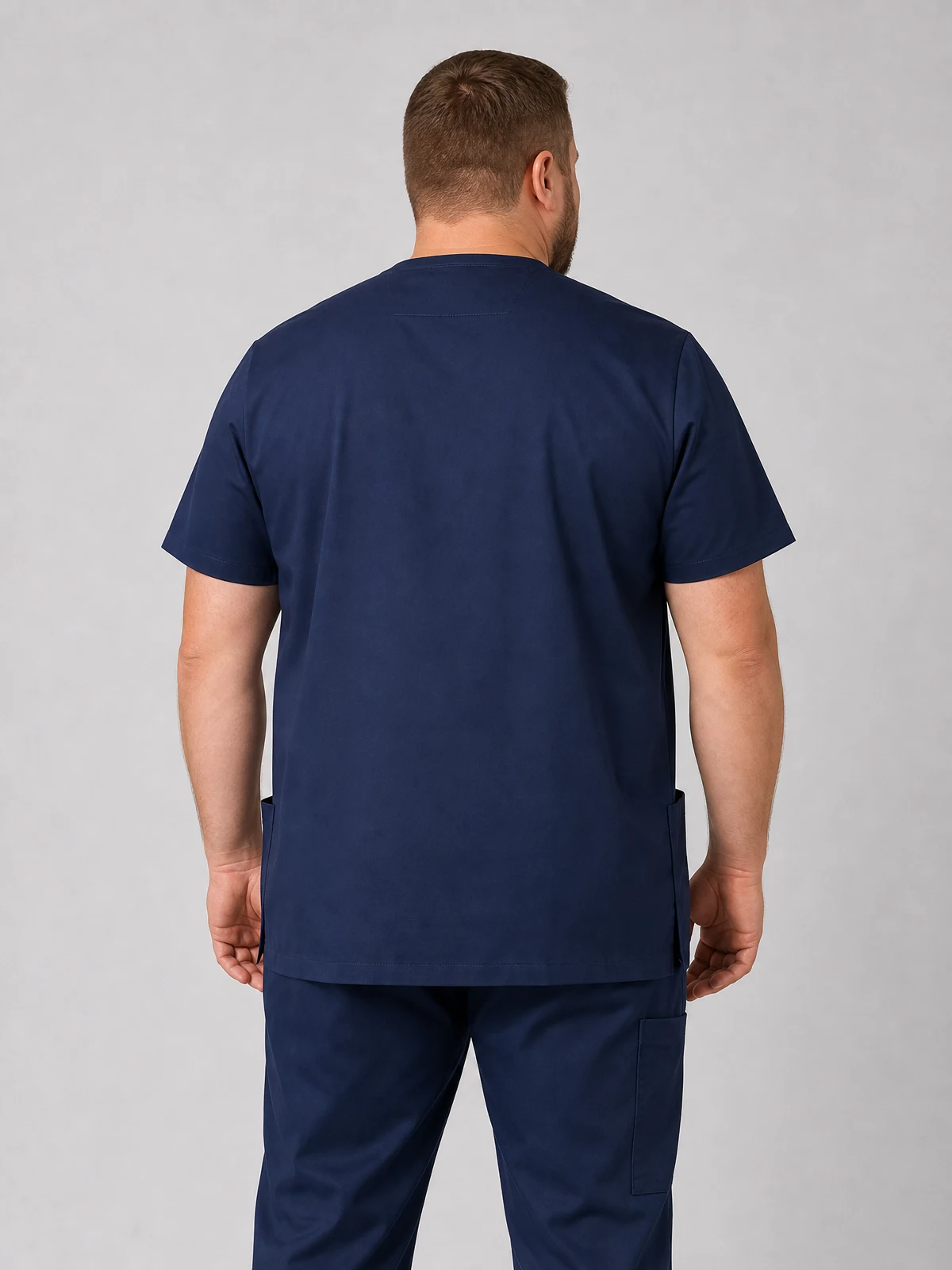 Men's V-Neck Contrast Trim Scrub Top in Navy/Navy – back view