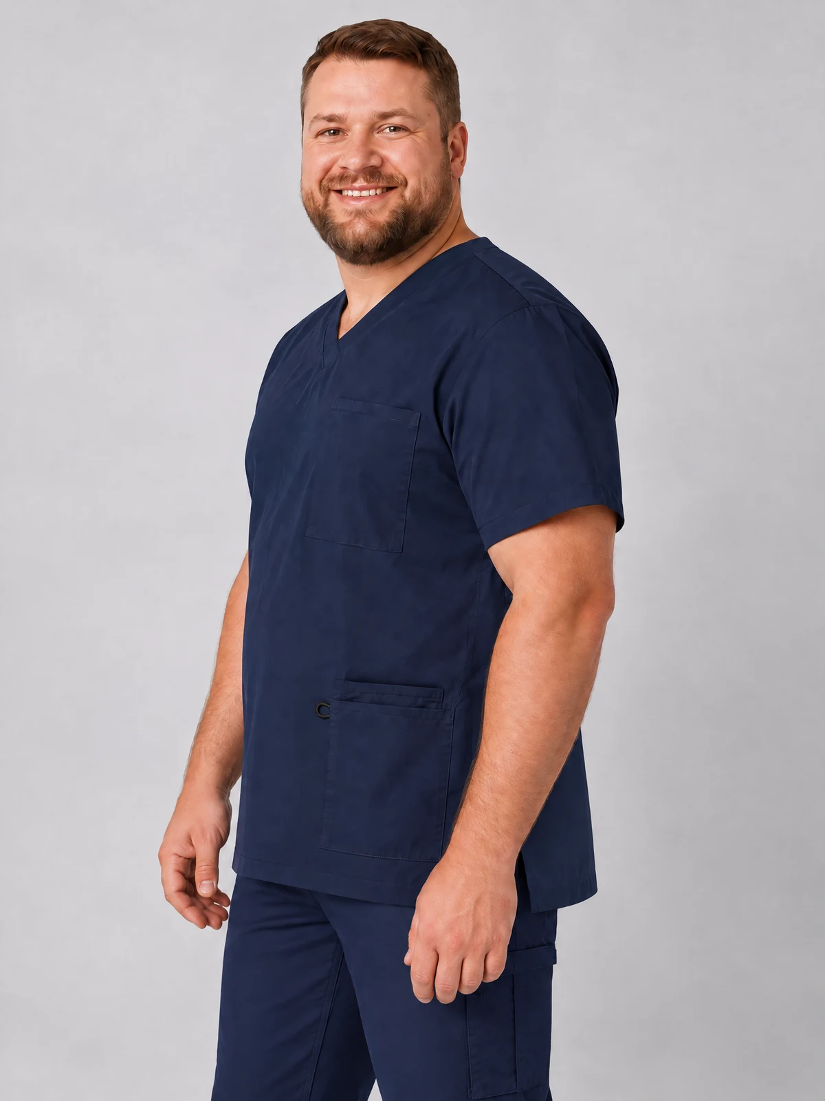 Men's V-Neck Contrast Trim Scrub Top in Navy/Navy – side view